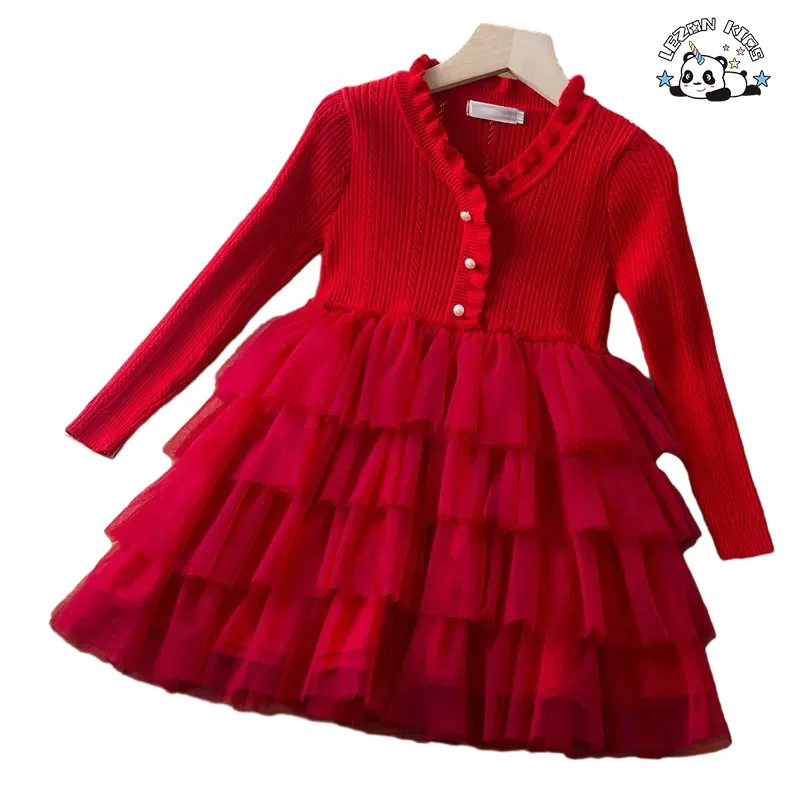 LEZONKIDS - New Spring Autumn Knitted Cake Dress Red French Long Sleeve Casual Korean Style Girls Dress with Custom Logo ODM Supply